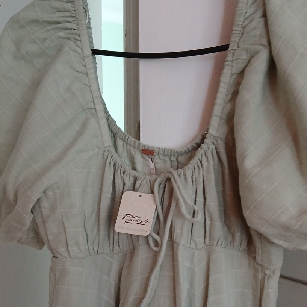 Free People Sage Green Textured Peasant Dress with Tie